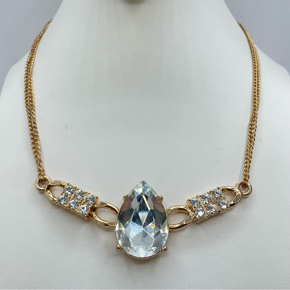 Gold Teardrop Diamond White Crystal Necklace Clear Rhinestone Elegant Statement